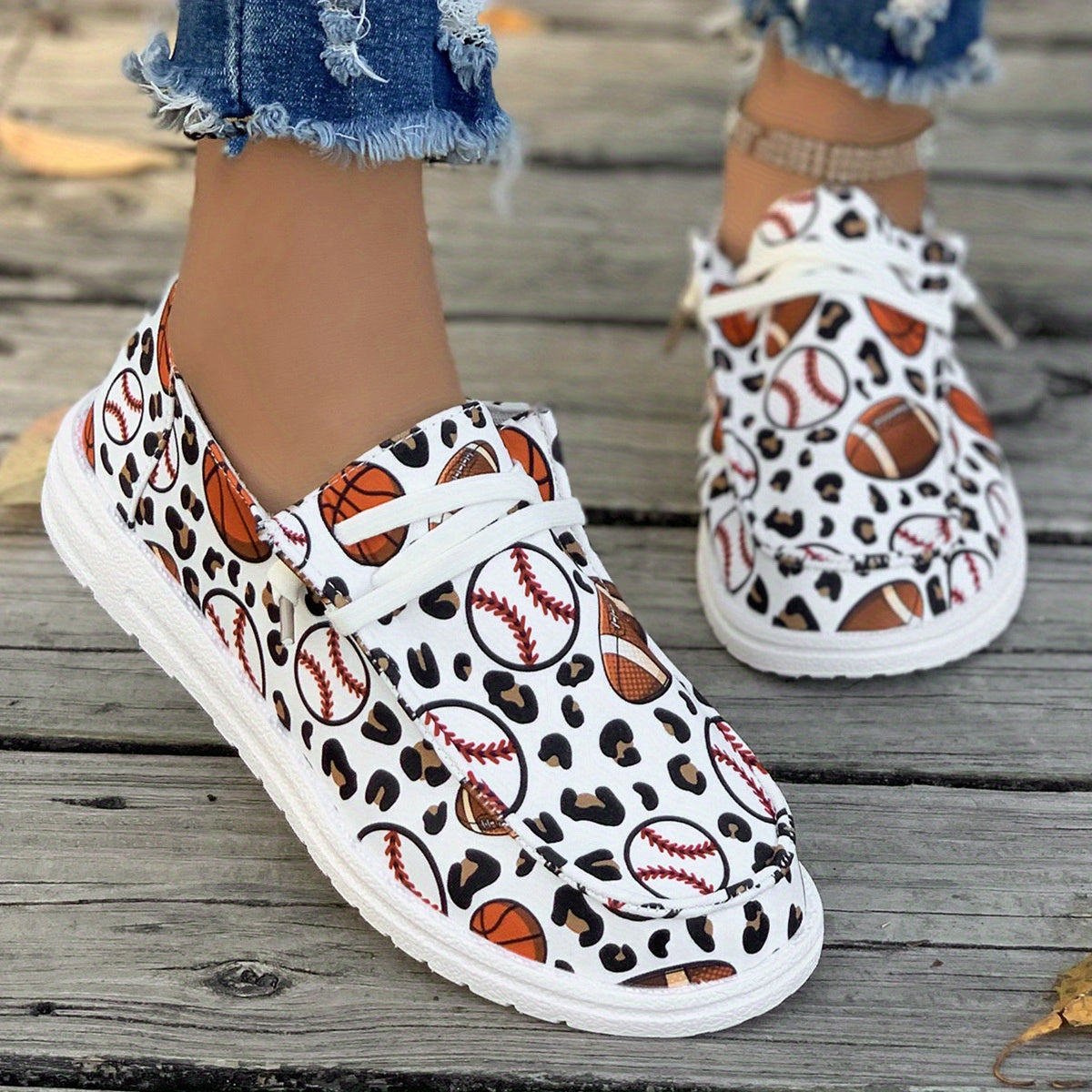Women's Baseball Print Canvas Shoes, Casual Low Top Flat Walking Sneakers, Lightweight Outdoor Slip On Shoes